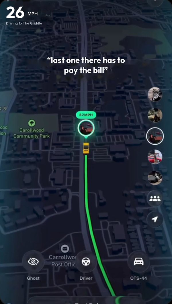 Caboose drive screen: a yellow car leading on a dark neon map, green trail behind it